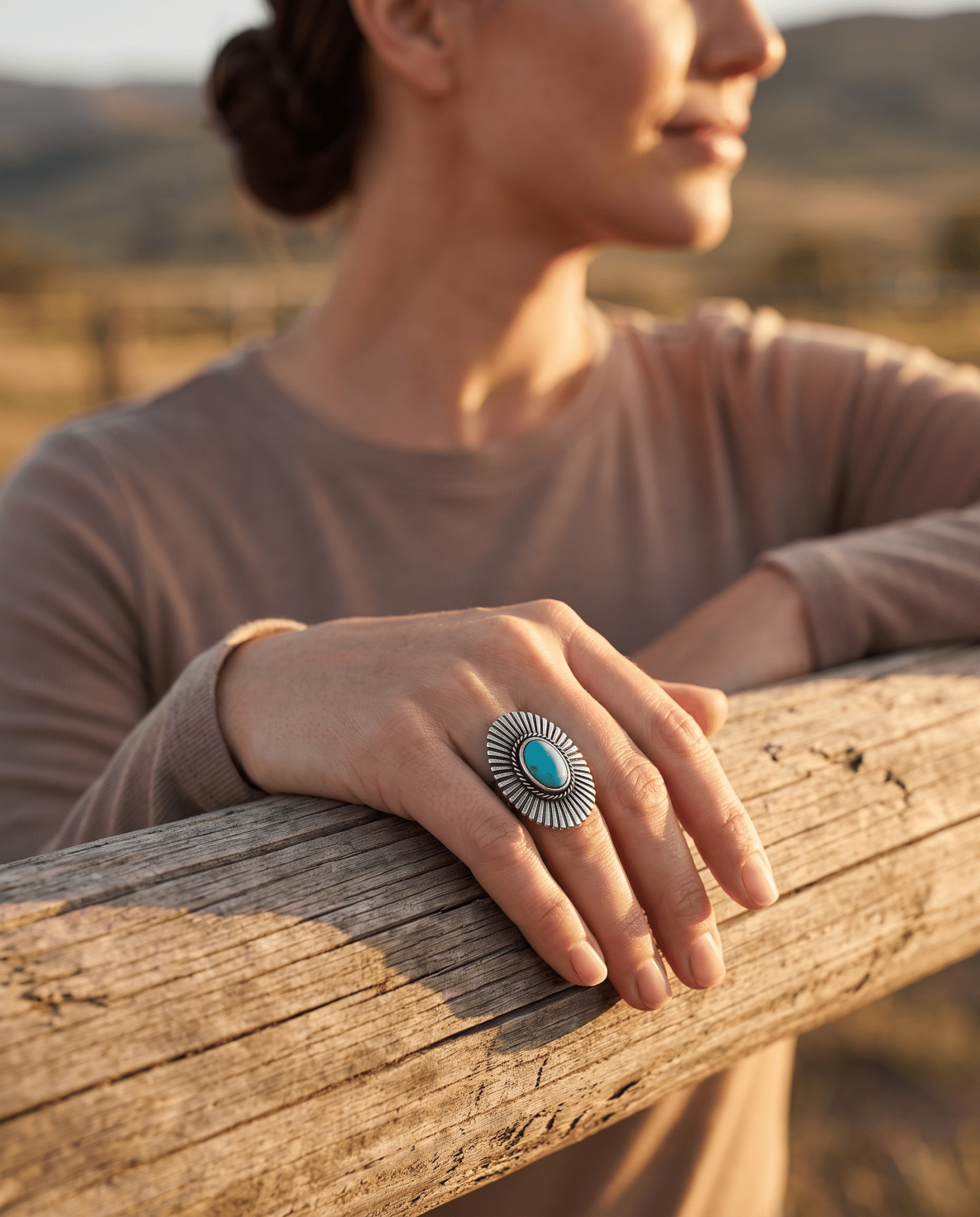 Western Concho & Faux Turquoise Adjustable Statement Ring — 1.5" Bold Western Hand Statement - Cowhide and Conchos
