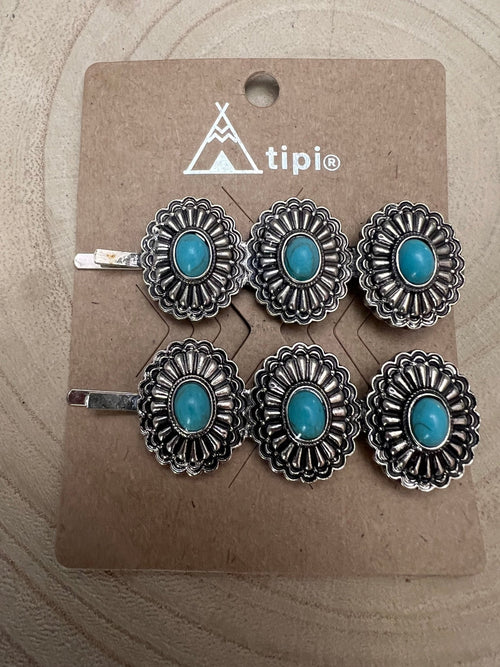 Western Concho Faux Turquoise Bobby Pins - Set of 2 - Cowhide and Conchos