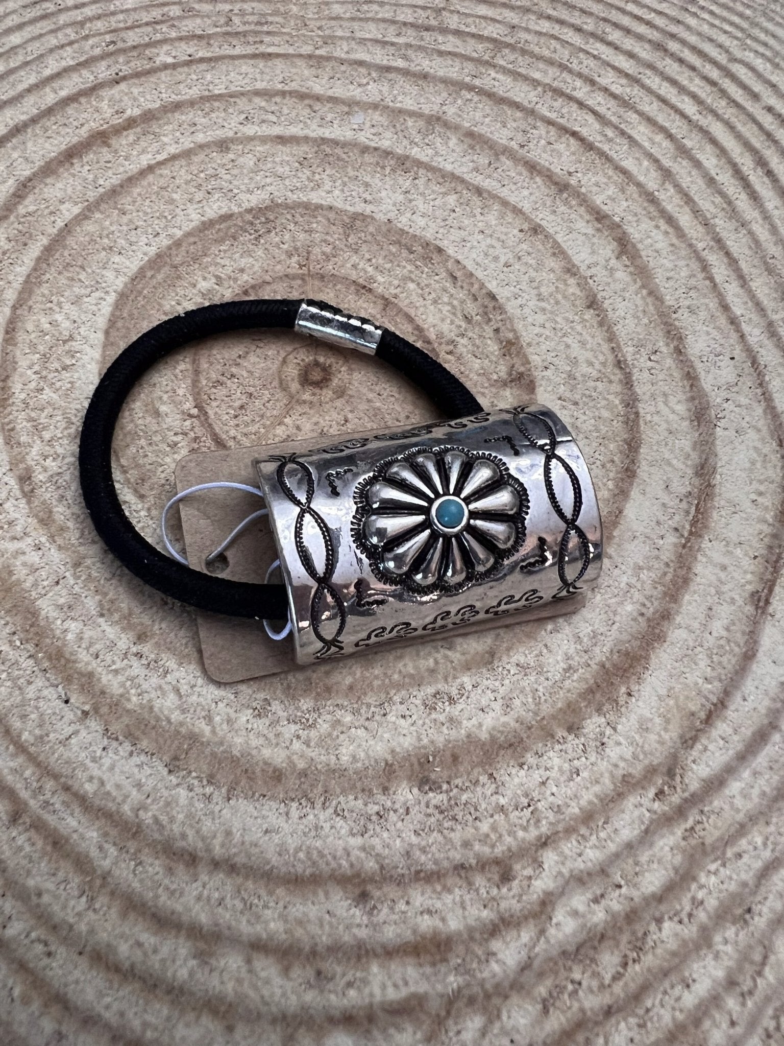 Western Concho & Faux Turquoise Stone Hair Tie — Burnished Silver Hair Statement - Cowhide and Conchos