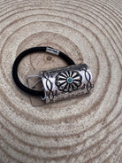 Western Concho & Faux Turquoise Stone Hair Tie — Burnished Silver Hair Statement - Cowhide and Conchos
