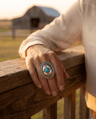 Western Concho & Faux Turquoise Stretch Statement Ring — 1.5" Bold Western Hand Statement - Cowhide and Conchos