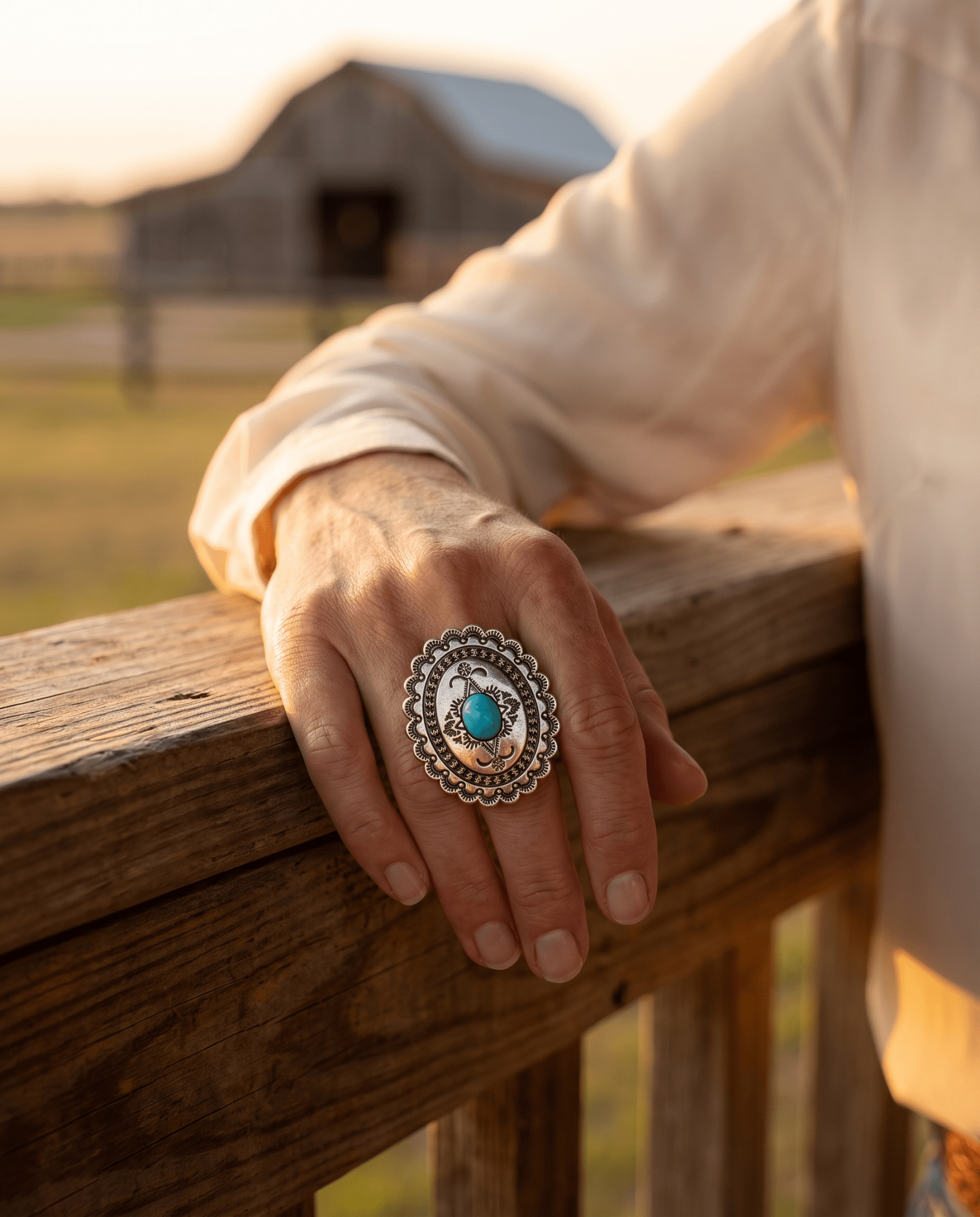 Western Concho & Faux Turquoise Stretch Statement Ring — 1.5" Bold Western Hand Statement - Cowhide and Conchos