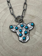 Western Cow Head Necklace with Faux Turquoise - 18 inch - Cowhide and Conchos