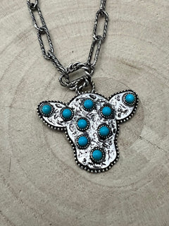 Western Cow Head Necklace with Faux Turquoise - 18 inch - Cowhide and Conchos
