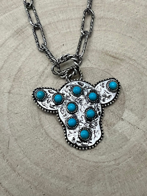 Western Cow Head Necklace with Faux Turquoise - 18 inch - Cowhide and Conchos