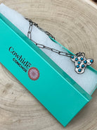 Western Cow Head Necklace with Faux Turquoise - 18 inch - Cowhide and Conchos