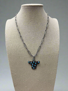 Western Cow Head Necklace with Faux Turquoise - 18 inch - Cowhide and Conchos