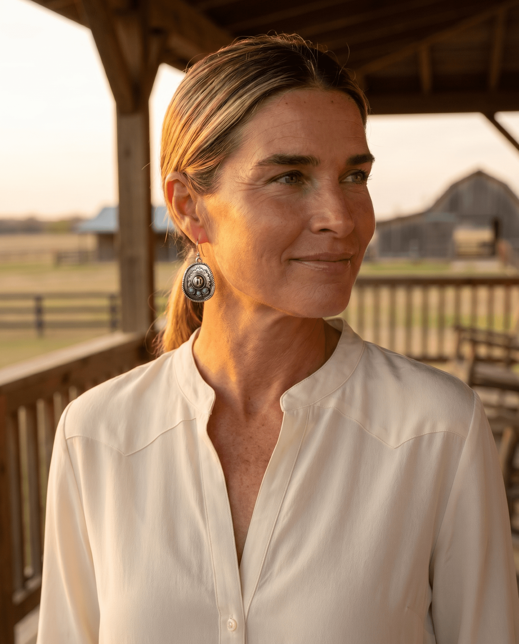 Western Cowboy Hat Dangle Earrings with Faux Turquoise — Oxidized Silver 1" Drop - Cowhide and Conchos