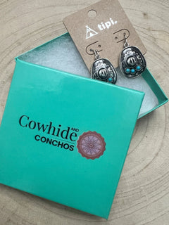 Western Cowboy Hat Earrings with Faux Turquoise - Cowhide and Conchos
