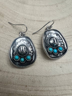 Western Cowboy Hat Earrings with Faux Turquoise - Cowhide and Conchos