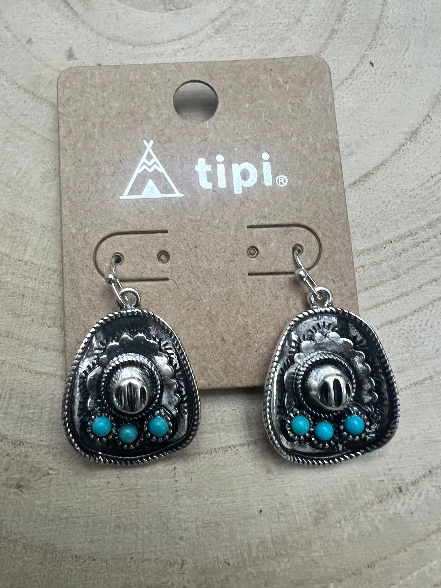 Western Cowboy Hat Earrings with Faux Turquoise - Cowhide and Conchos