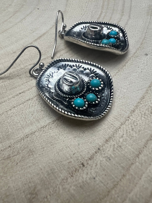 Western Cowboy Hat Earrings with Faux Turquoise - Cowhide and Conchos