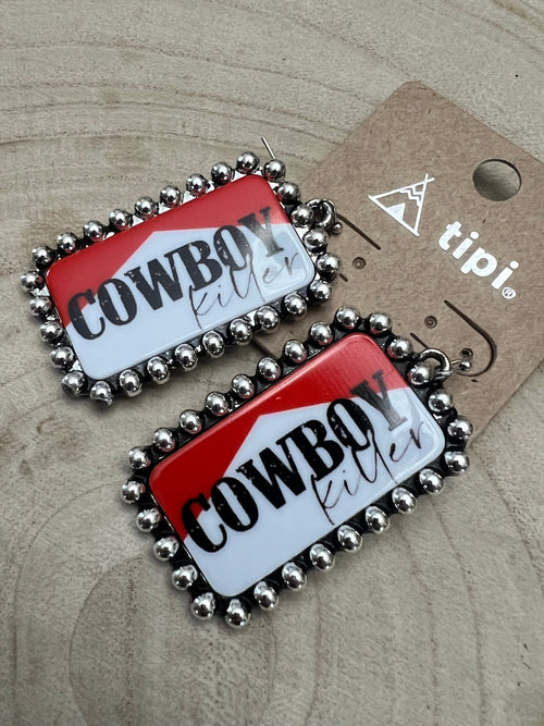 Western Cowboy Killer Rectangle Earrings - Cowhide and Conchos