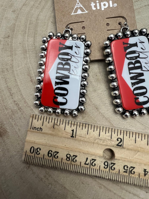 Western Cowboy Killer Rectangle Earrings - Cowhide and Conchos