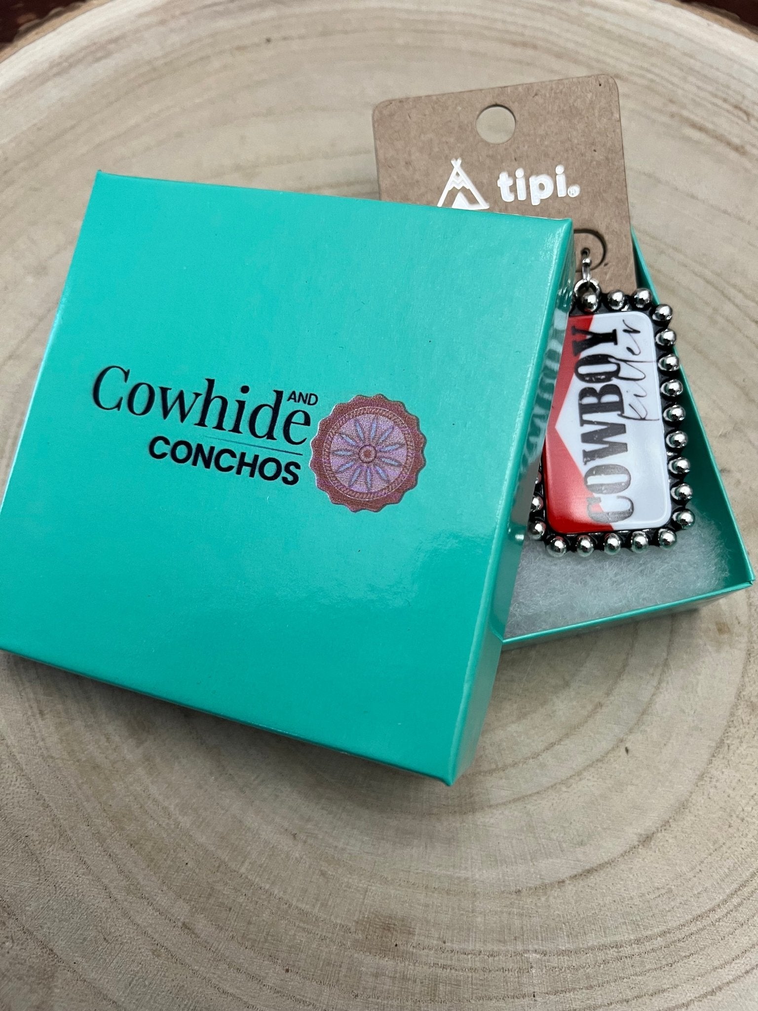 Western Cowboy Killer Rectangle Earrings - Cowhide and Conchos