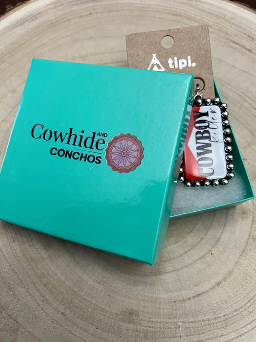 Western Cowboy Killer Rectangle Earrings - Cowhide and Conchos