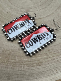 Western Cowboy Killer Rectangle Earrings - Cowhide and Conchos