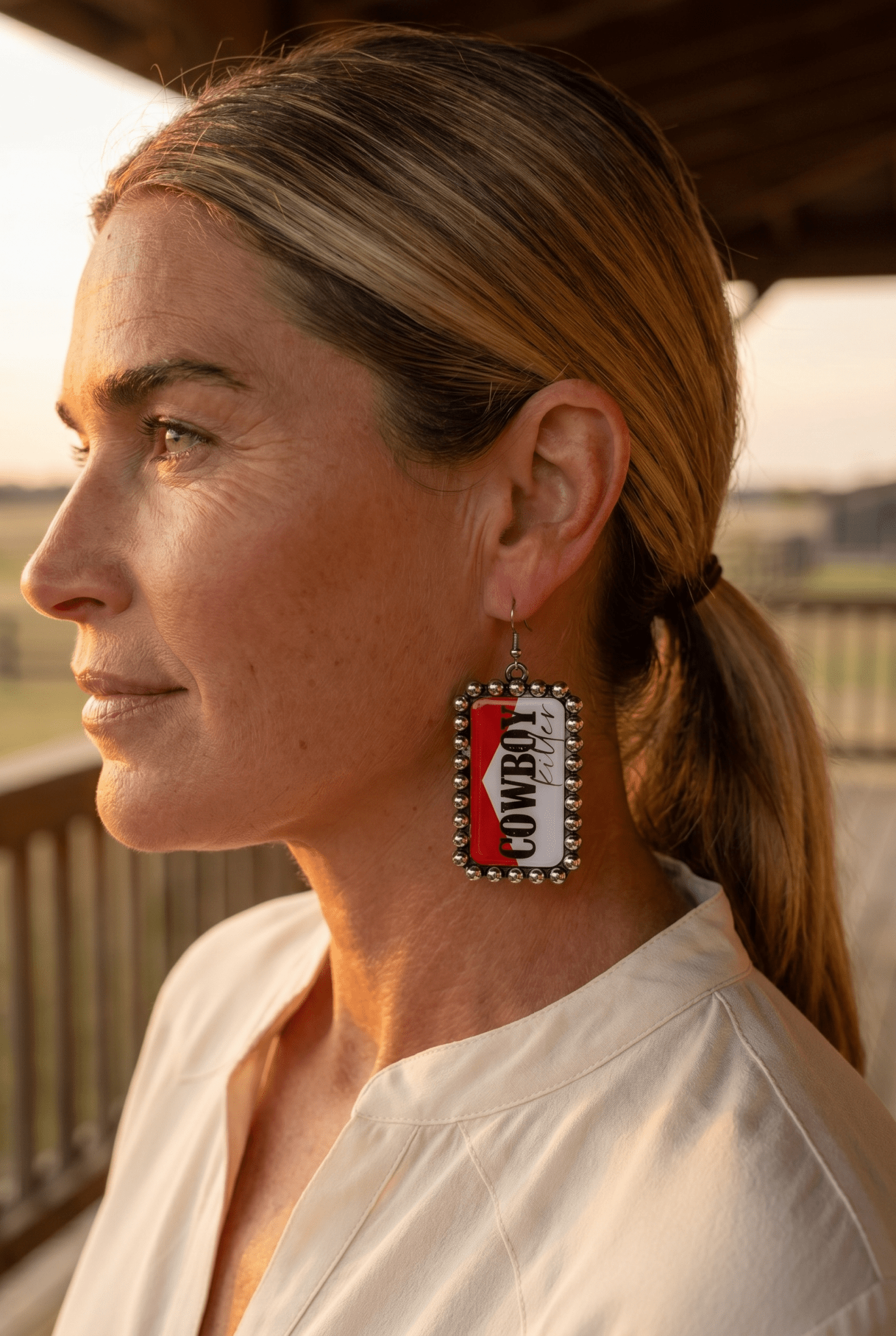 Western Cowboy Killer Rectangle Earrings — Red & White Western Statement - Cowhide and Conchos
