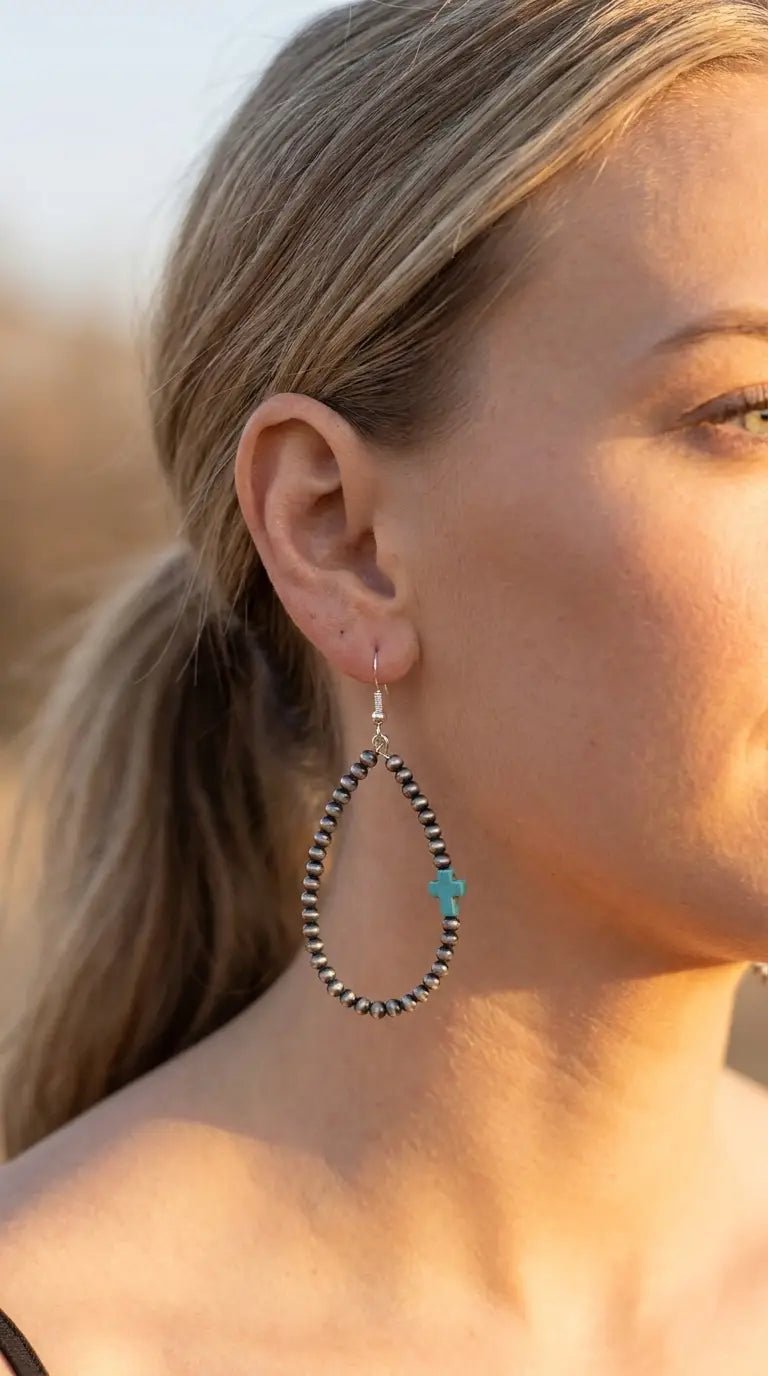 Western Cross Earrings with Faux Turquoise & Pearl Teardrops — 2½" Drop - Cowhide and Conchos