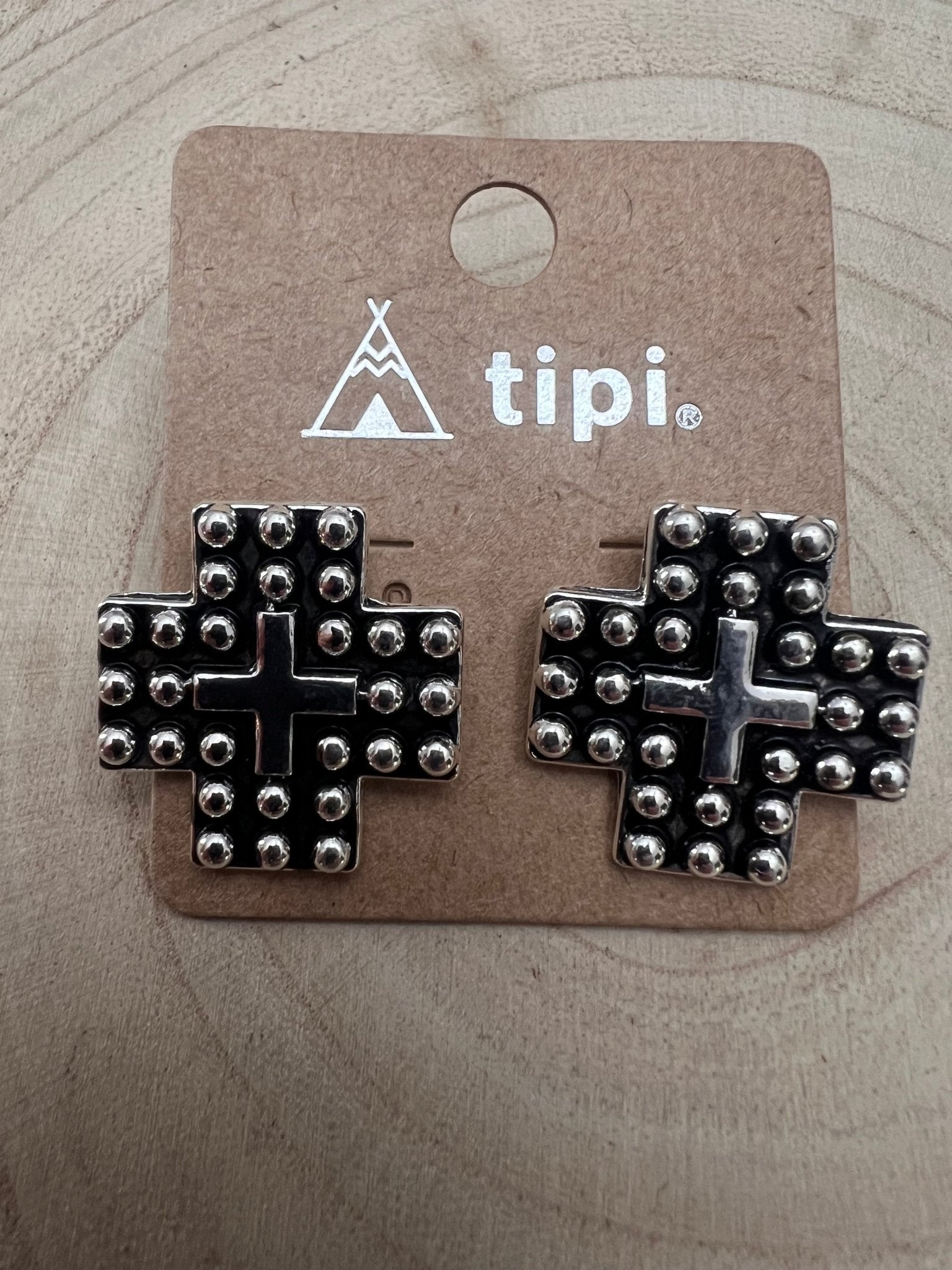 Western Cross Metal Stud Earrings - Cowhide and Conchos