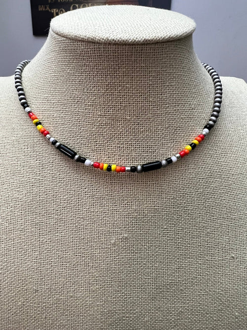 Western Cylinder Seed Beed Choker - 15 inch + 3 - Cowhide and Conchos