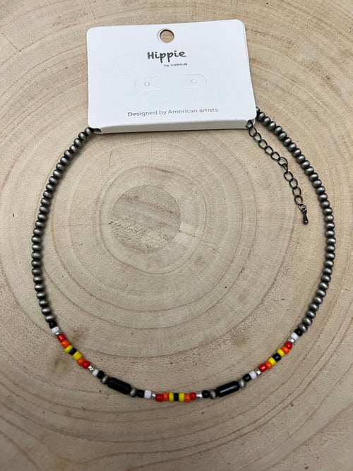 Western Cylinder Seed Beed Choker - 15 inch + 3 - Cowhide and Conchos