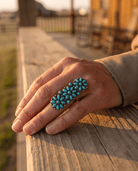 Western Desert Bloom Cluster Adjustable Ring — Faux Turquoise Hand Statement - Cowhide and Conchos