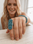 Western Desert Bloom: Faux Turquoise Adjustable Cluster Statement Ring - Cowhide and Conchos