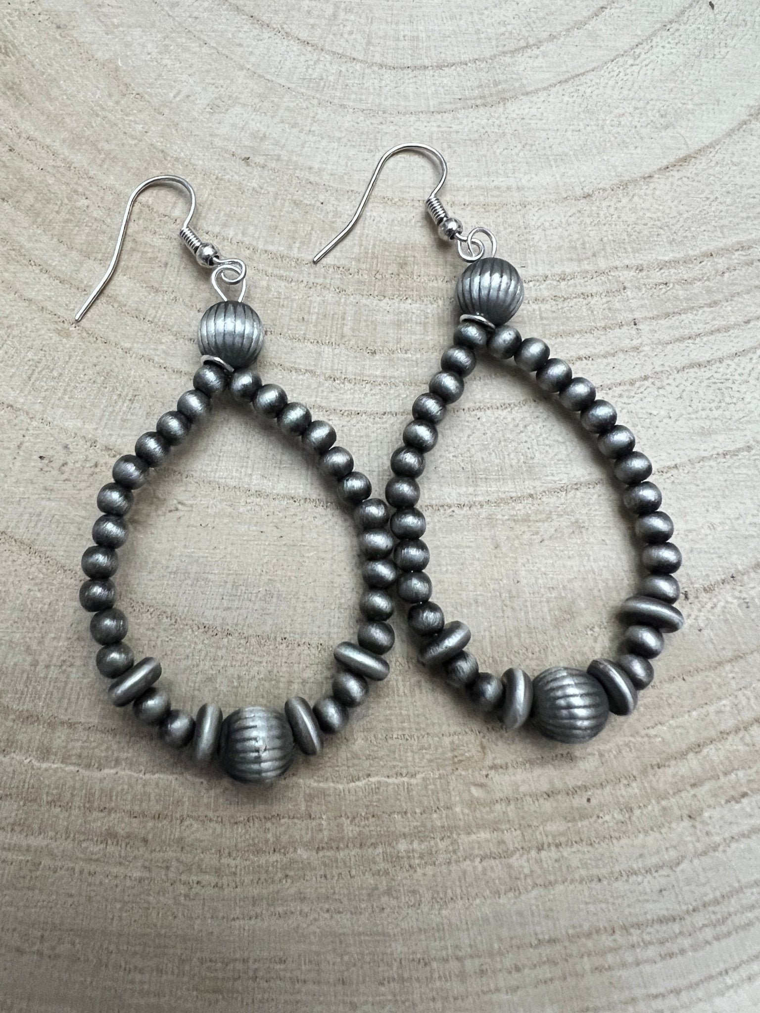 Western Desert Pearl Teardrop Earrings - 2" Faux Sterling Saucer Dangles - Cowhide and Conchos