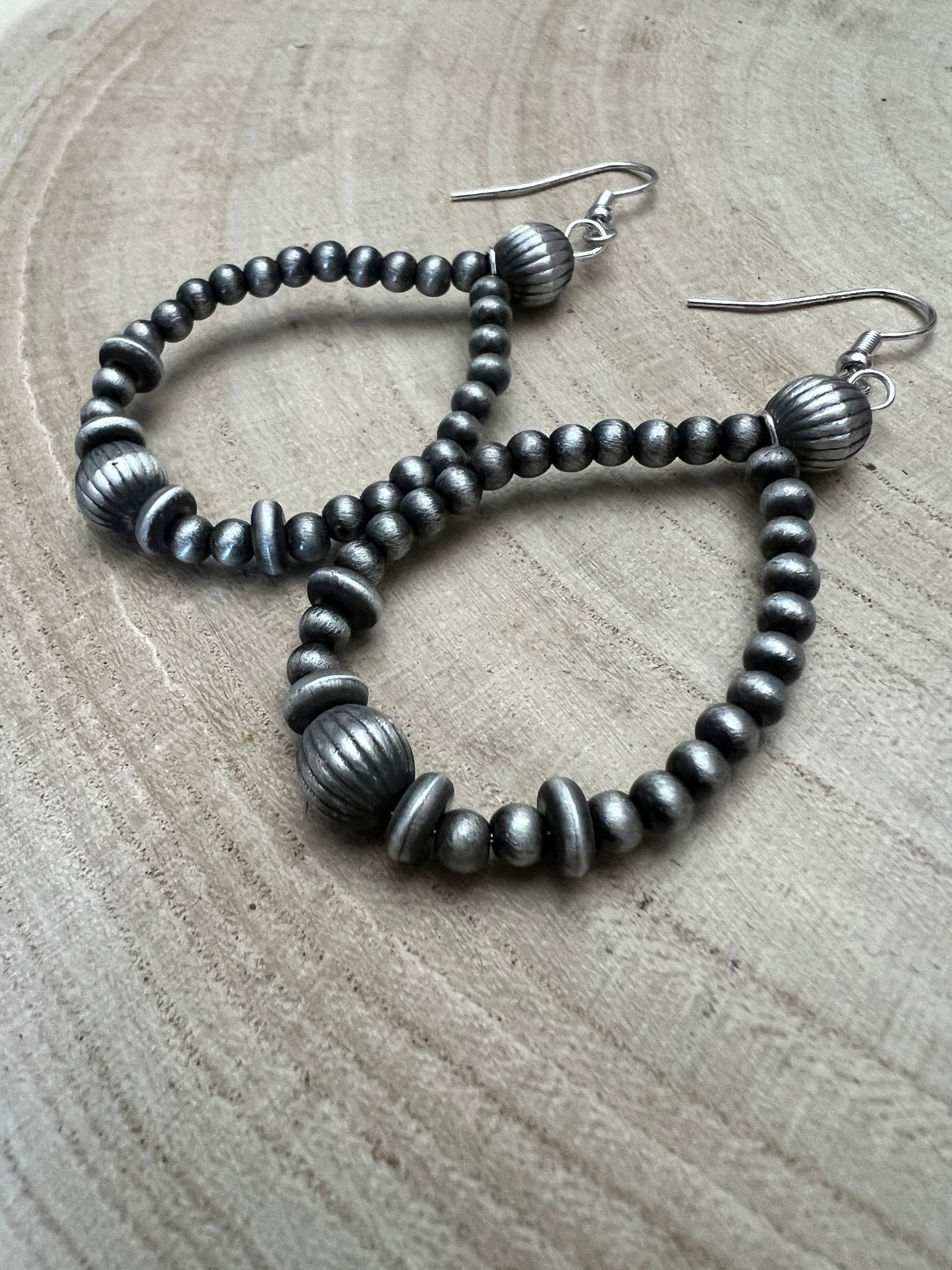 Western Desert Pearl Teardrop Earrings - 2" Faux Sterling Saucer Dangles - Cowhide and Conchos