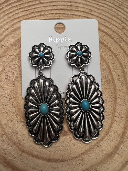 Western Double Concho Earrings with Faux Turquoise - Cowhide and Conchos