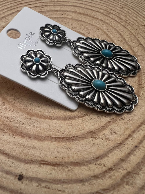 Western Double Concho Earrings with Faux Turquoise - Cowhide and Conchos