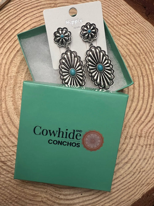 Western Double Concho Earrings with Faux Turquoise - Cowhide and Conchos