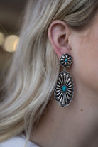 Western Double Concho Earrings with Faux Turquoise - Cowhide and Conchos