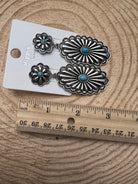 Western Double Concho Earrings with Faux Turquoise - Cowhide and Conchos