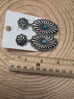 Western Double Concho Earrings with Faux Turquoise - Cowhide and Conchos