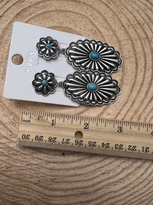 Western Double Concho Earrings with Faux Turquoise - Cowhide and Conchos