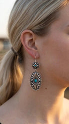 Western Double Concho Earrings with Faux Turquoise — Bold 3" Drop - Cowhide and Conchos