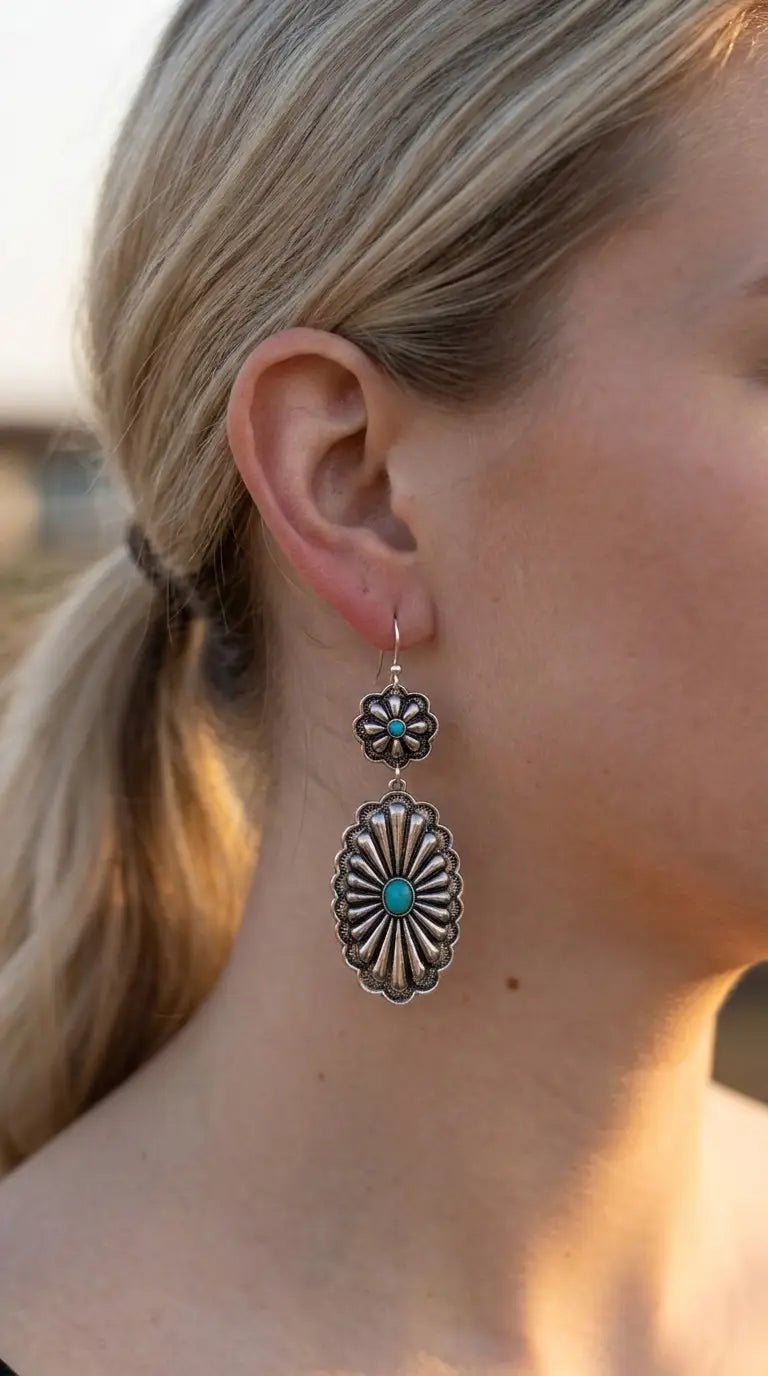 Western Double Concho Earrings with Faux Turquoise — Bold 3" Drop - Cowhide and Conchos