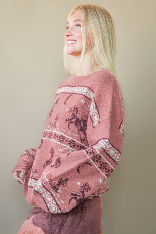 Western Express Knit Sweater - Taupe or Mauve - Cowhide and Conchos