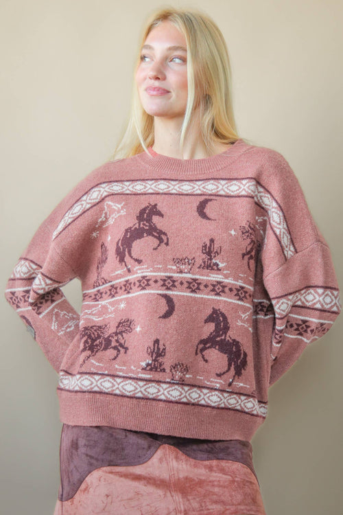 Western Express Knit Sweater - Taupe or Mauve - Cowhide and Conchos