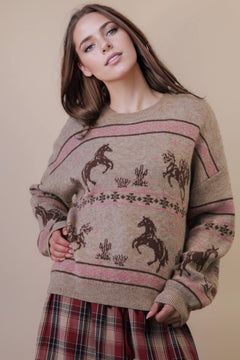 Western Express Knit Sweater - Taupe or Mauve - Cowhide and Conchos