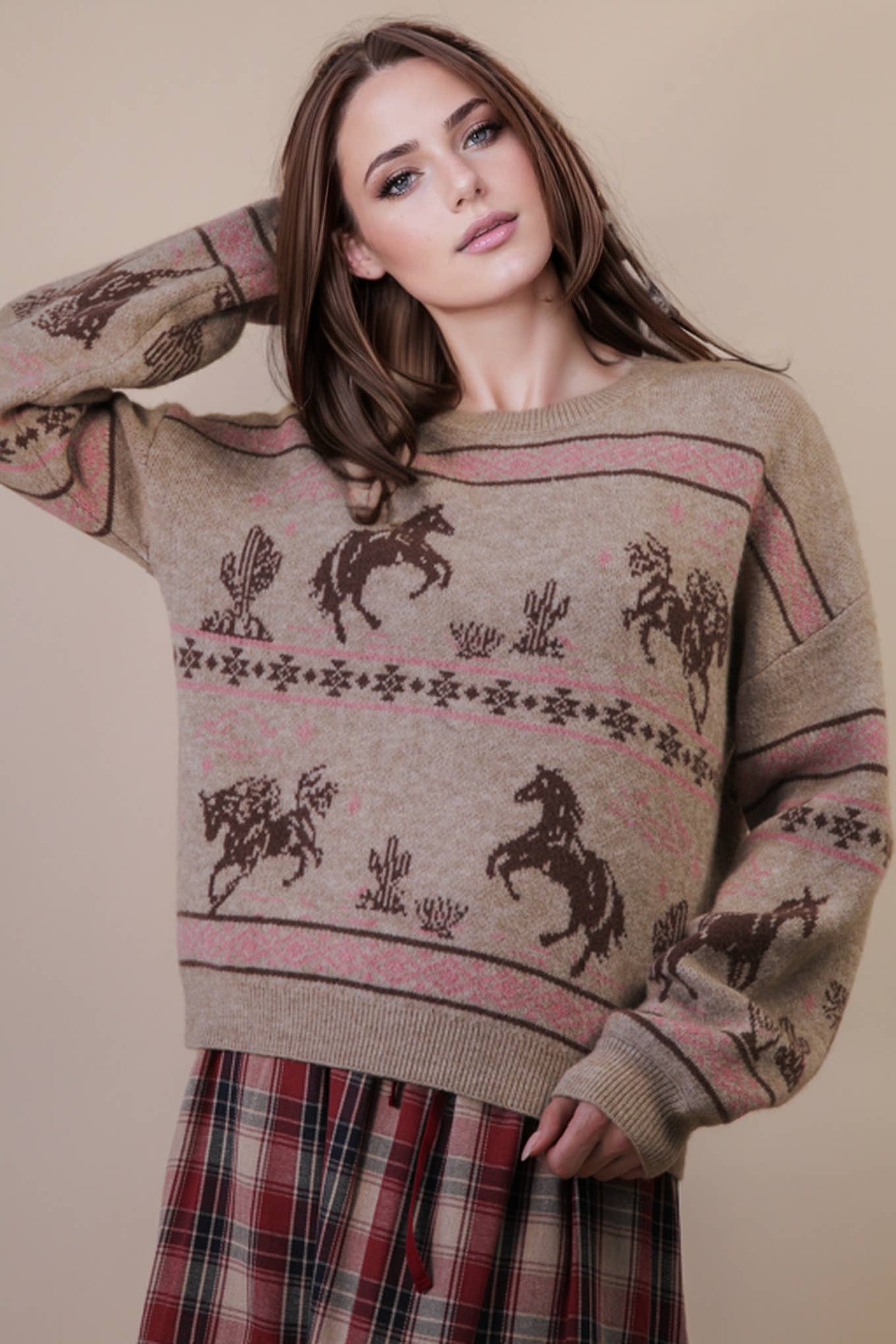 Western Express Knit Sweater - Taupe or Mauve - Cowhide and Conchos