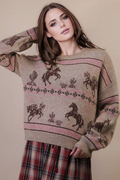 Western Express Knit Sweater - Taupe or Mauve - Cowhide and Conchos