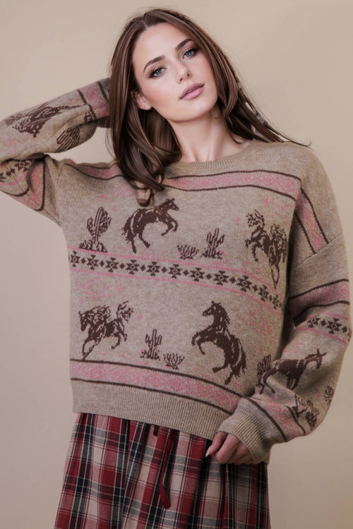 Western Express Knit Sweater - Taupe or Mauve - Cowhide and Conchos