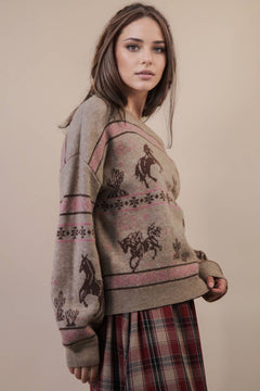 Western Express Knit Sweater - Taupe or Mauve - Cowhide and Conchos