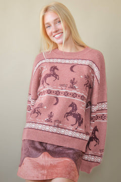 Western Express Knit Sweater - Taupe or Mauve - Cowhide and Conchos