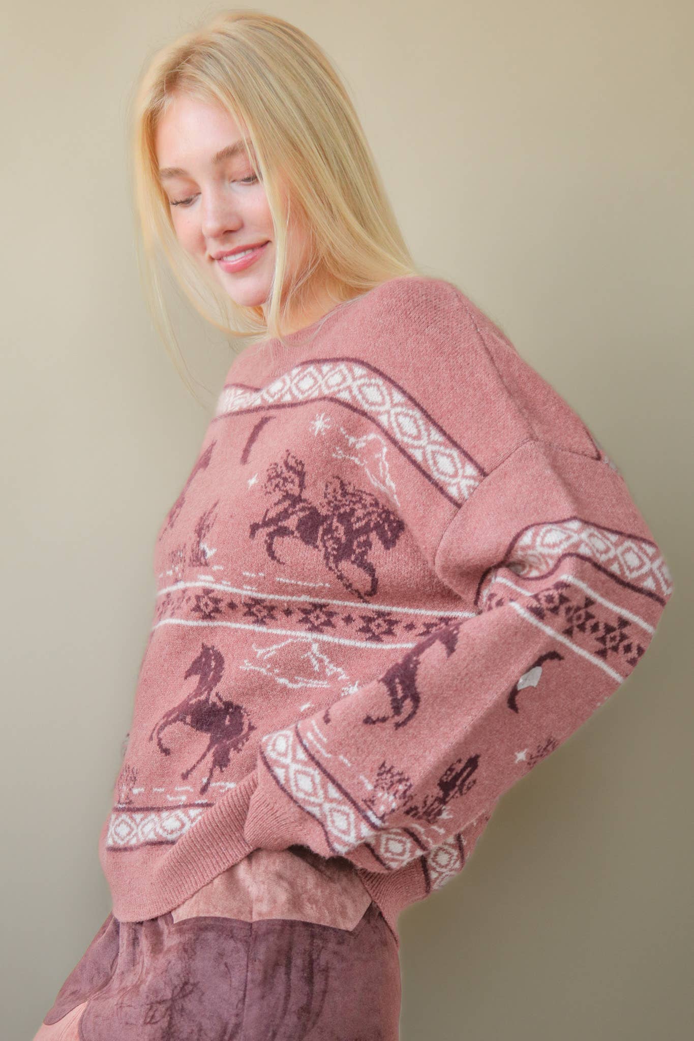 Western Express Knit Sweater - Taupe or Mauve - Cowhide and Conchos