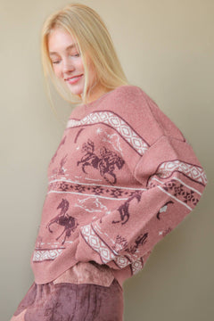 Western Express Knit Sweater - Taupe or Mauve - Cowhide and Conchos