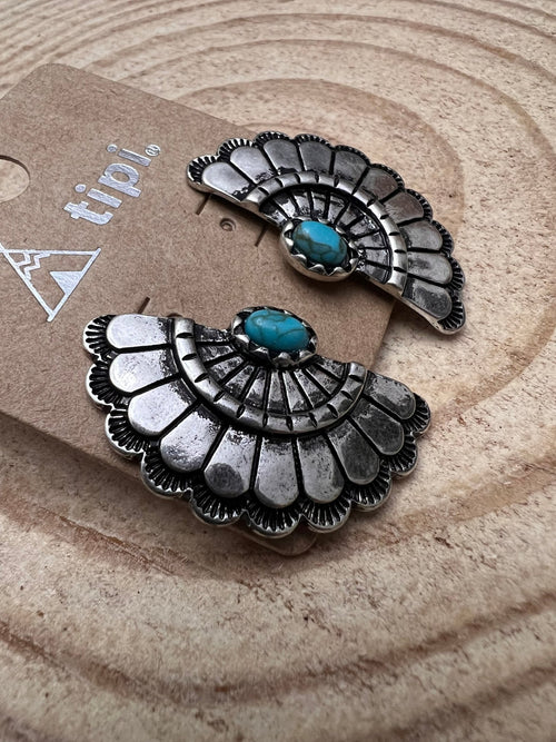 Western Fan Shape Concho and Faux Turquoise Stud Earrings - Cowhide and Conchos
